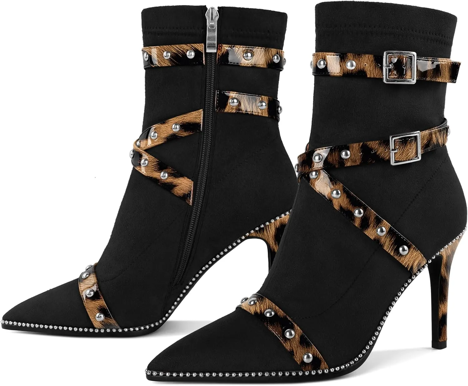 Joseywade Womens Ankle Booties 3.7 Inch Heel High Stiletto Boots Beaded Studded Pointed Toe Side Zipper Boots Size 5-13