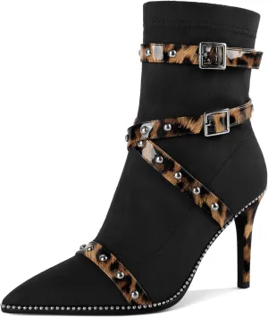 Joseywade Womens Ankle Booties 3.7 Inch Heel High Stiletto Boots Beaded Studded Pointed Toe Side Zipper Boots Size 5-13