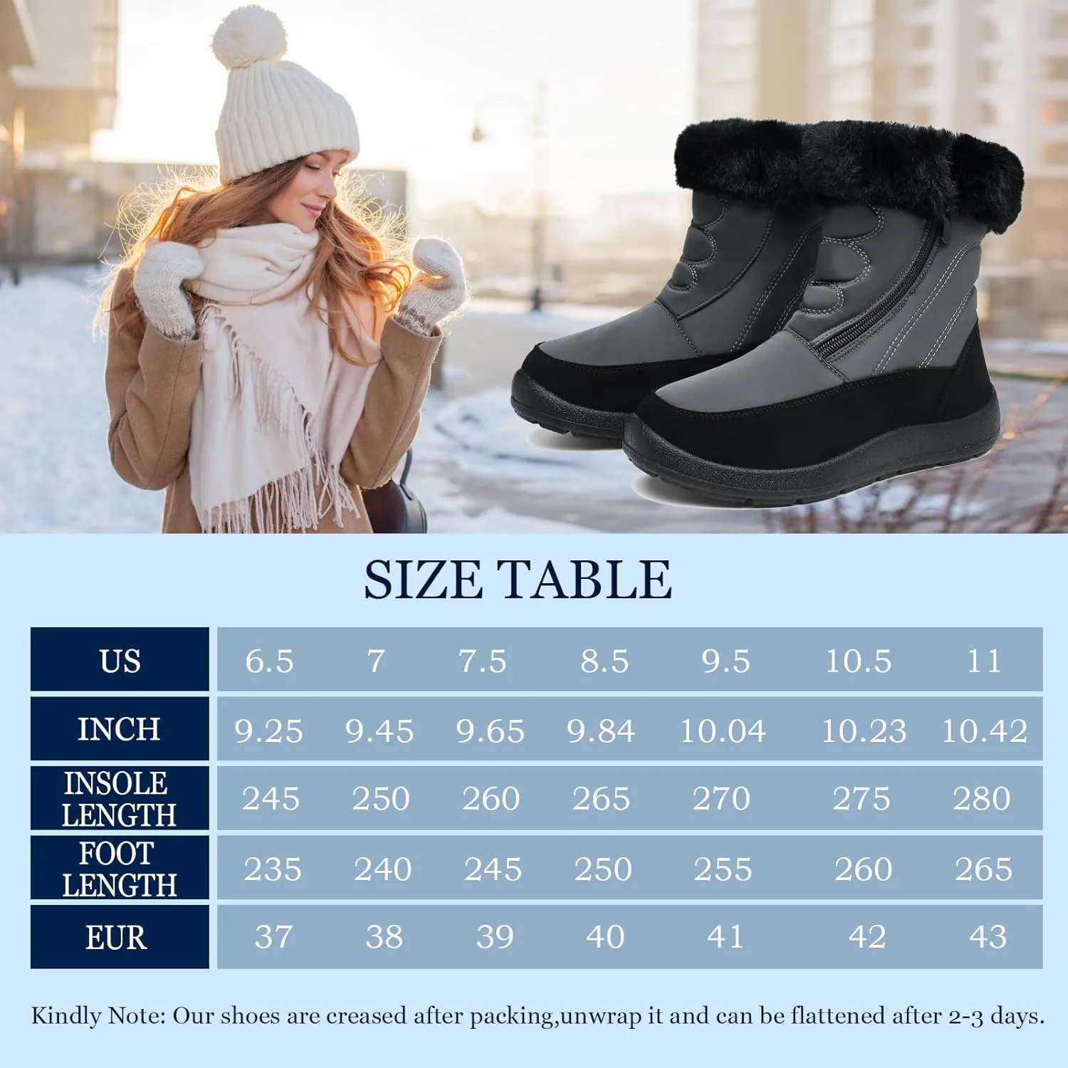 JSWEI Women Winter Snow Boots Soft Comfortable Faux Fur Mid Calf Wide Width Waterproof Warm Lace-Up Snow Boots for Women's Insulated Woman Lightweight Non-Slip Outdoor