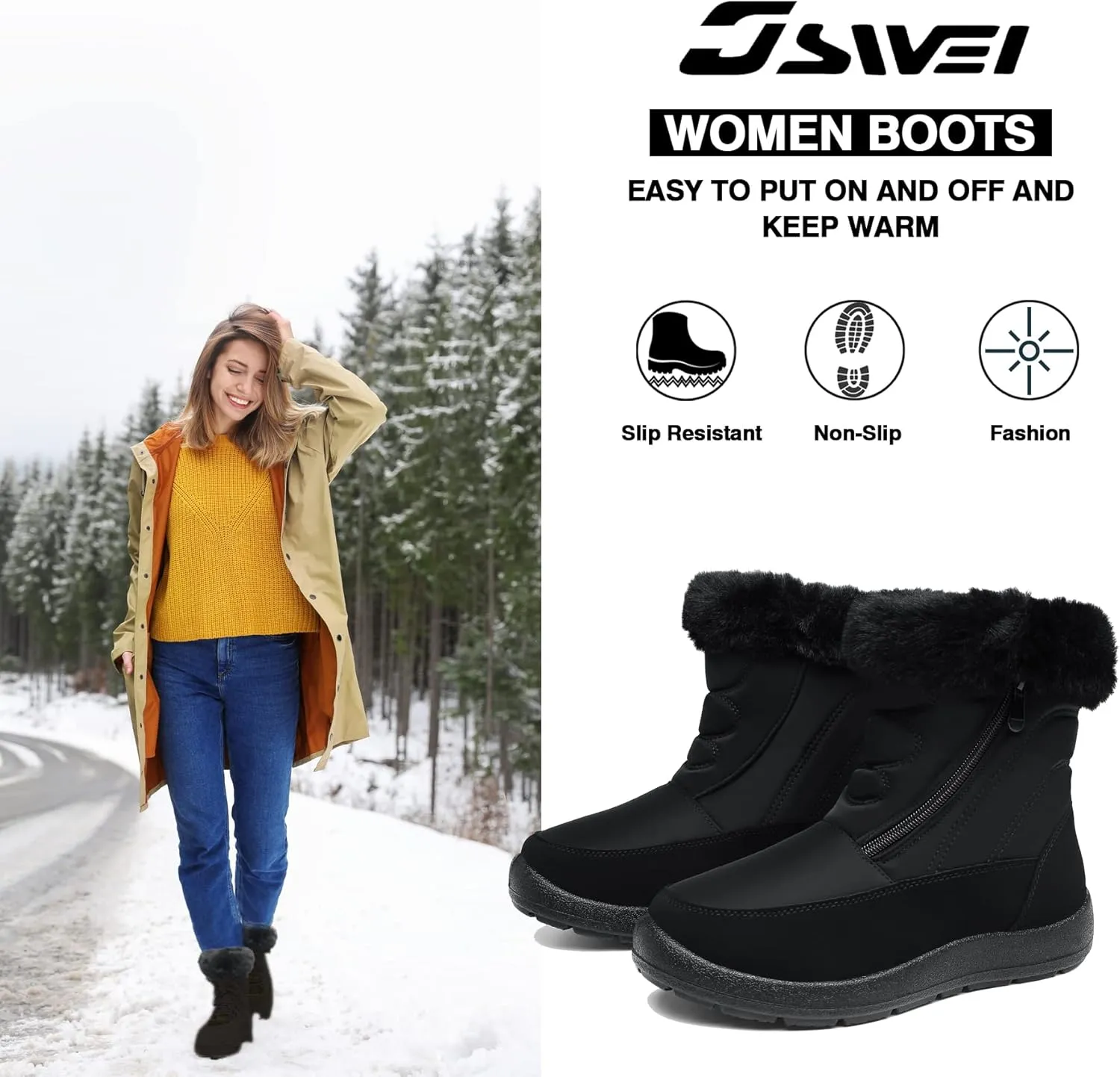 JSWEI Women Winter Snow Boots Soft Comfortable Faux Fur Mid Calf Wide Width Waterproof Warm Lace-Up Snow Boots for Women's Insulated Woman Lightweight Non-Slip Outdoor