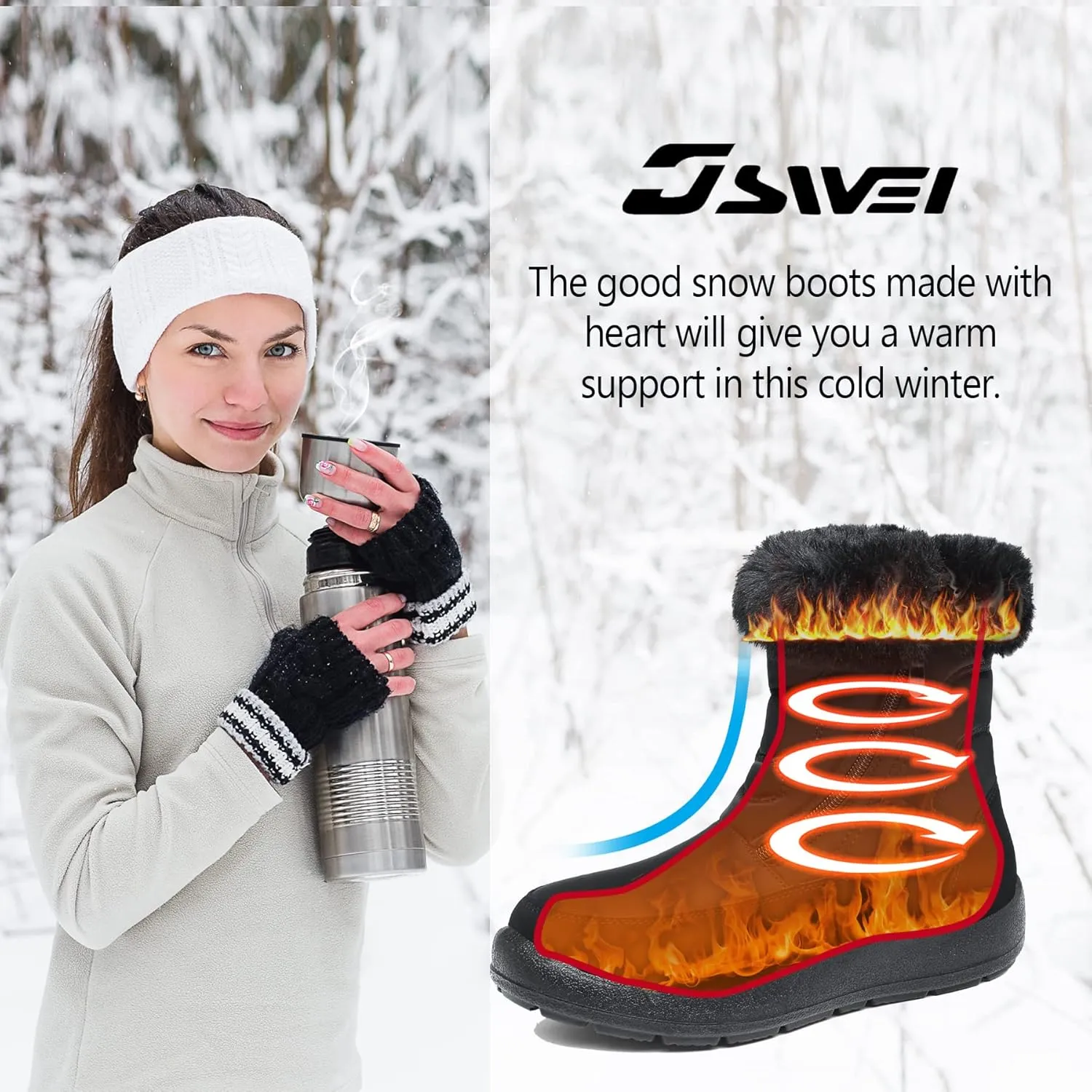JSWEI Women Winter Snow Boots Soft Comfortable Faux Fur Mid Calf Wide Width Waterproof Warm Lace-Up Snow Boots for Women's Insulated Woman Lightweight Non-Slip Outdoor