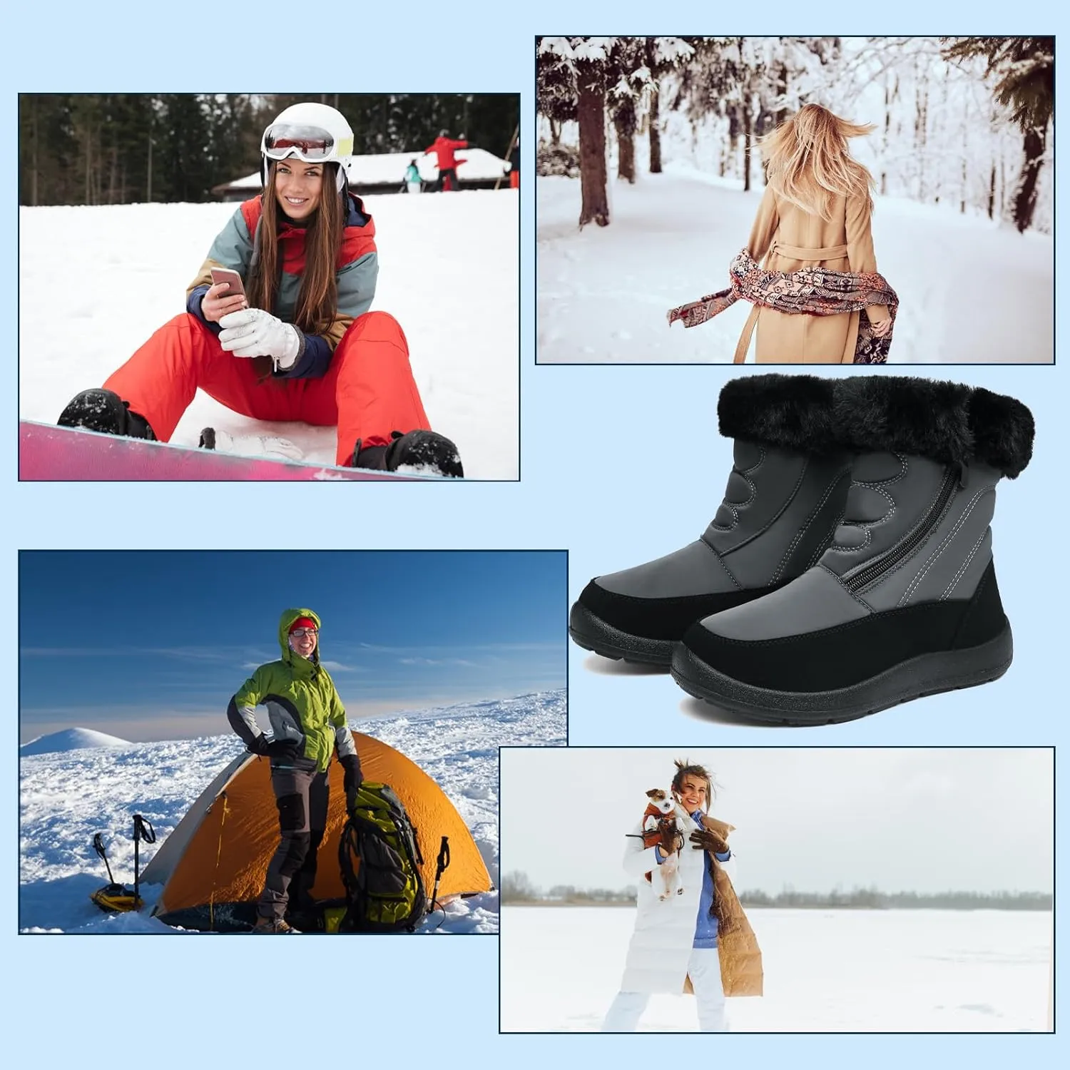 JSWEI Women Winter Snow Boots Soft Comfortable Faux Fur Mid Calf Wide Width Waterproof Warm Lace-Up Snow Boots for Women's Insulated Woman Lightweight Non-Slip Outdoor
