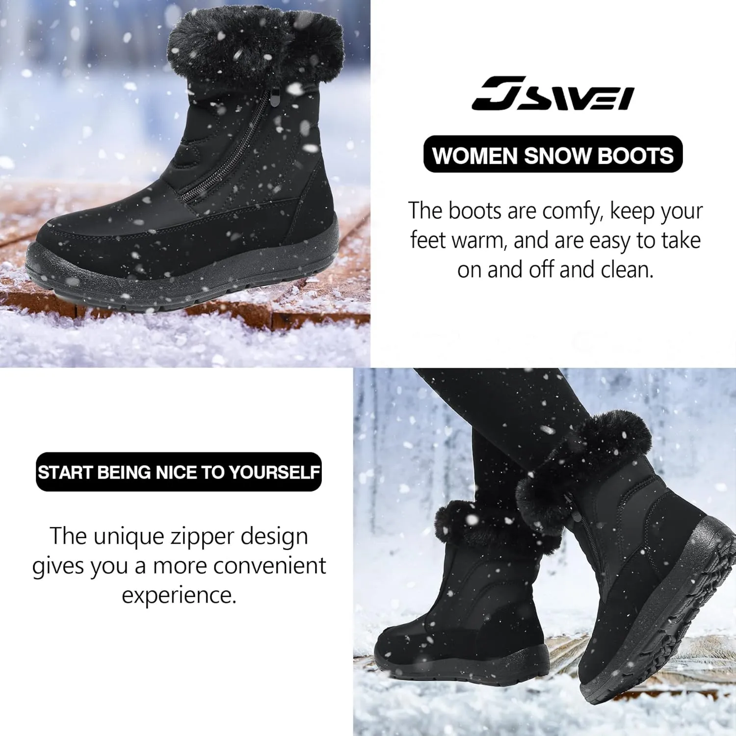 JSWEI Women Winter Snow Boots Soft Comfortable Faux Fur Mid Calf Wide Width Waterproof Warm Lace-Up Snow Boots for Women's Insulated Woman Lightweight Non-Slip Outdoor