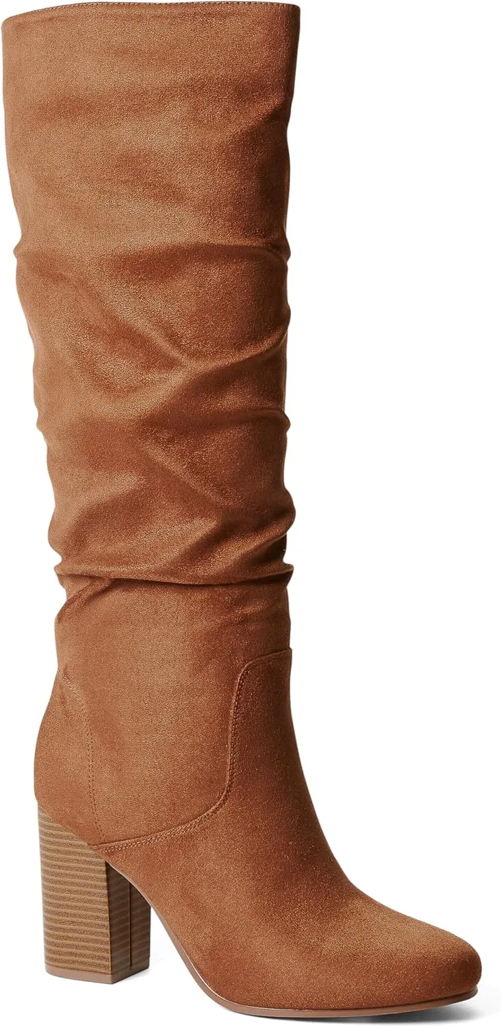 JustFab Knee High Boots Womens Point Toe Chunky Heel Tall Boots for Women High Heel Long Boots Fashion Suede Winter Boots - Leona