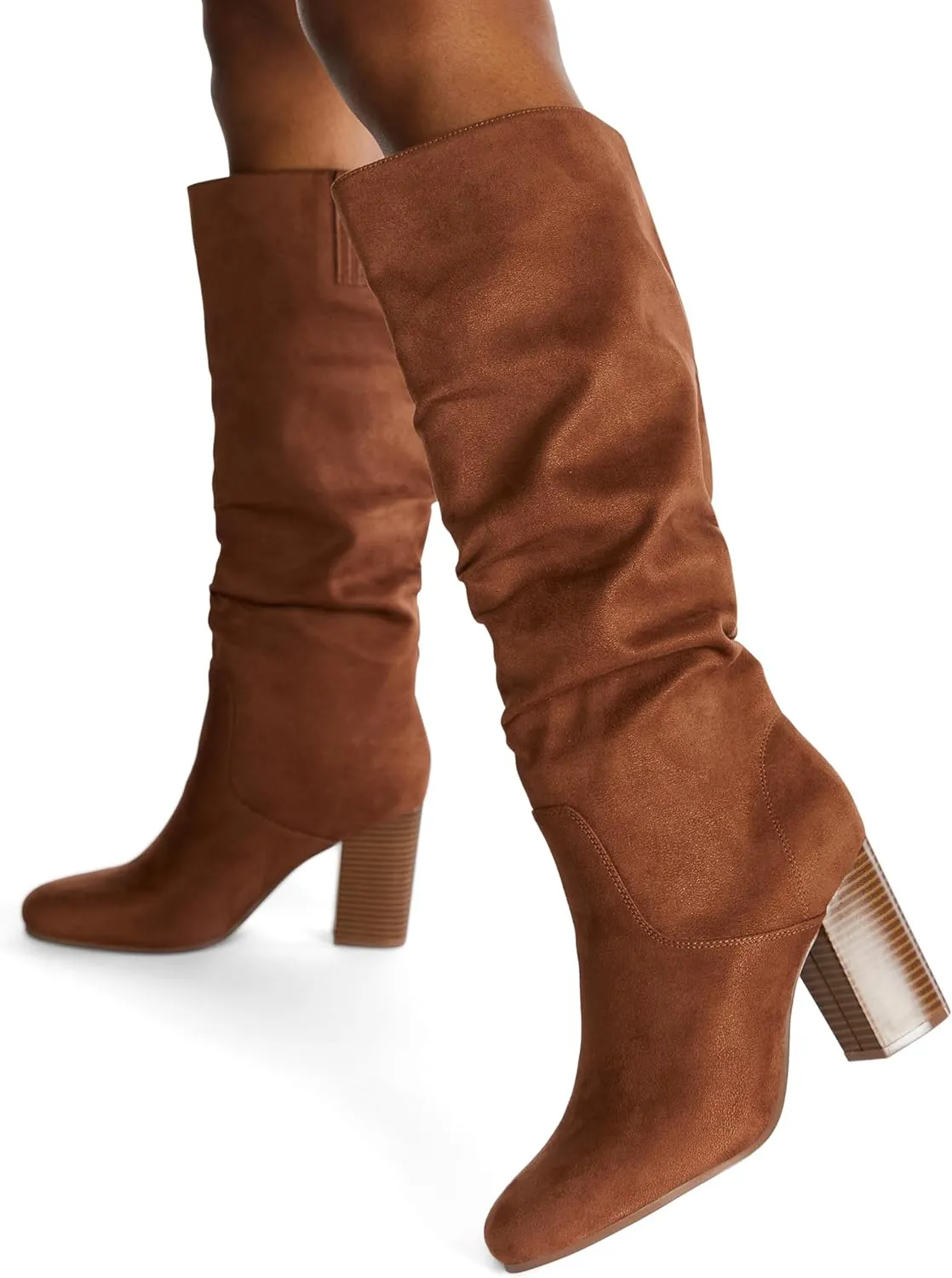 JustFab Knee High Boots Womens Point Toe Chunky Heel Tall Boots for Women High Heel Long Boots Fashion Suede Winter Boots - Leona