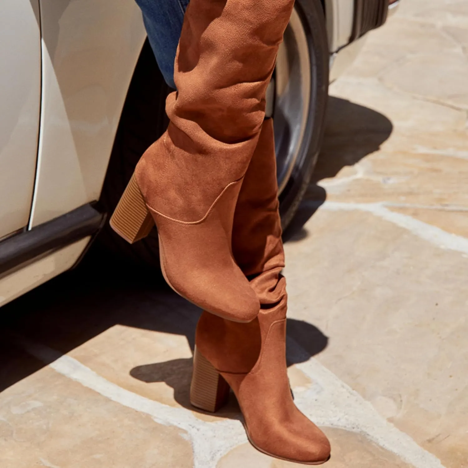 JustFab Knee High Boots Womens Point Toe Chunky Heel Tall Boots for Women High Heel Long Boots Fashion Suede Winter Boots - Leona