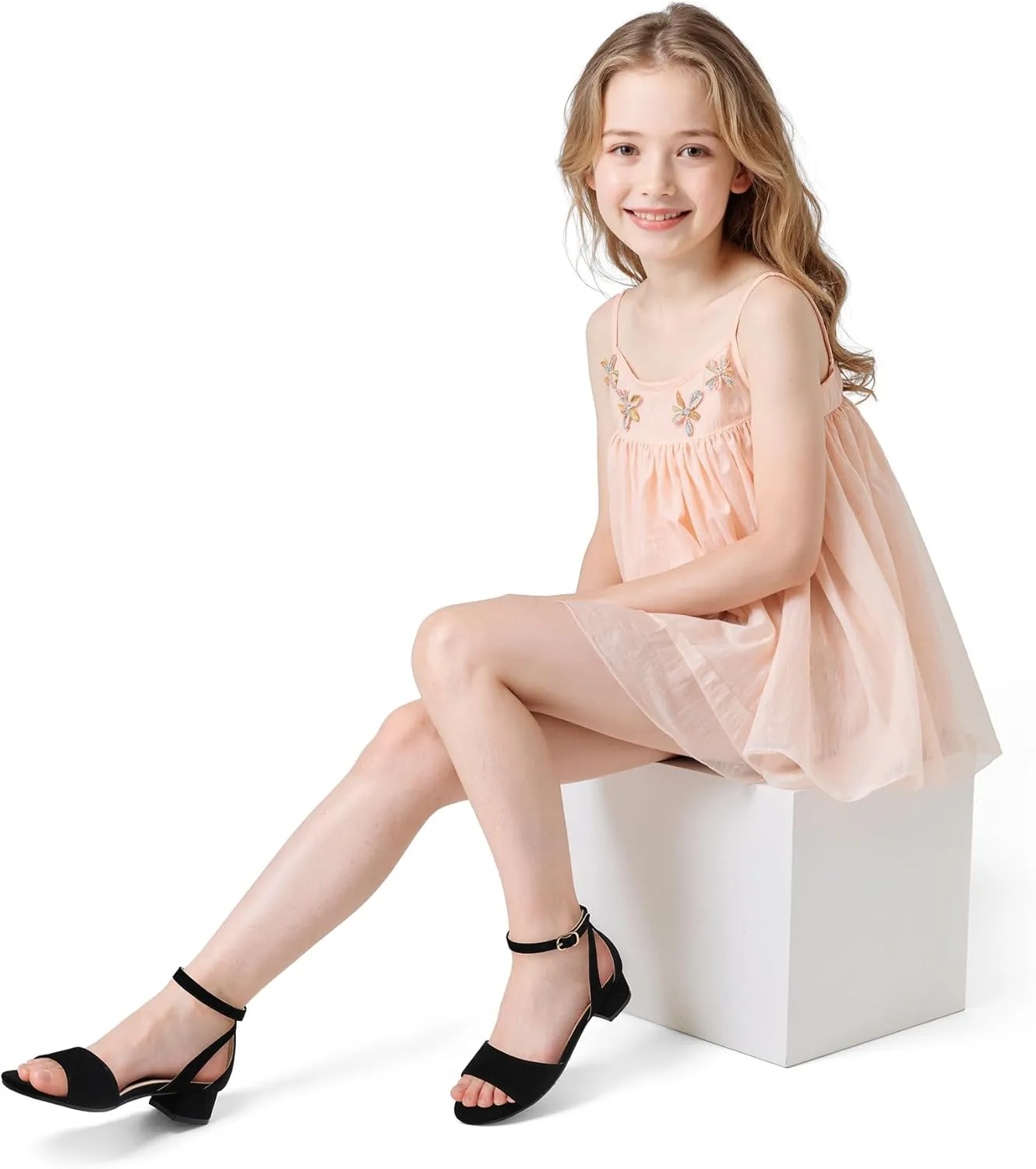 K KomForme Girls Sandals Low Chunky Heels Dress Pumps Ankle Strap Open Toe Flower Wedding Party Dress Shoes for Toddler/Little Kid/Big Kid