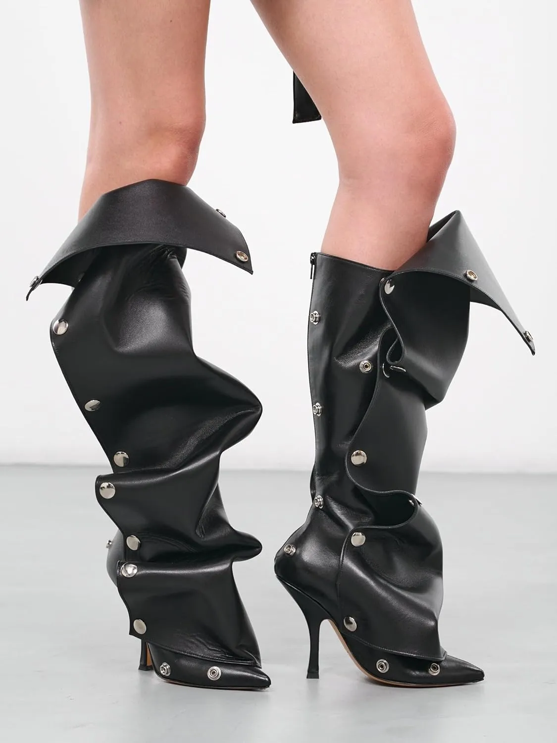 KaroNairy Women Stiletto Knee High Boots Slouch Pointed Toe High Heel Boot Detachable Snap-off Panel Shark Boots