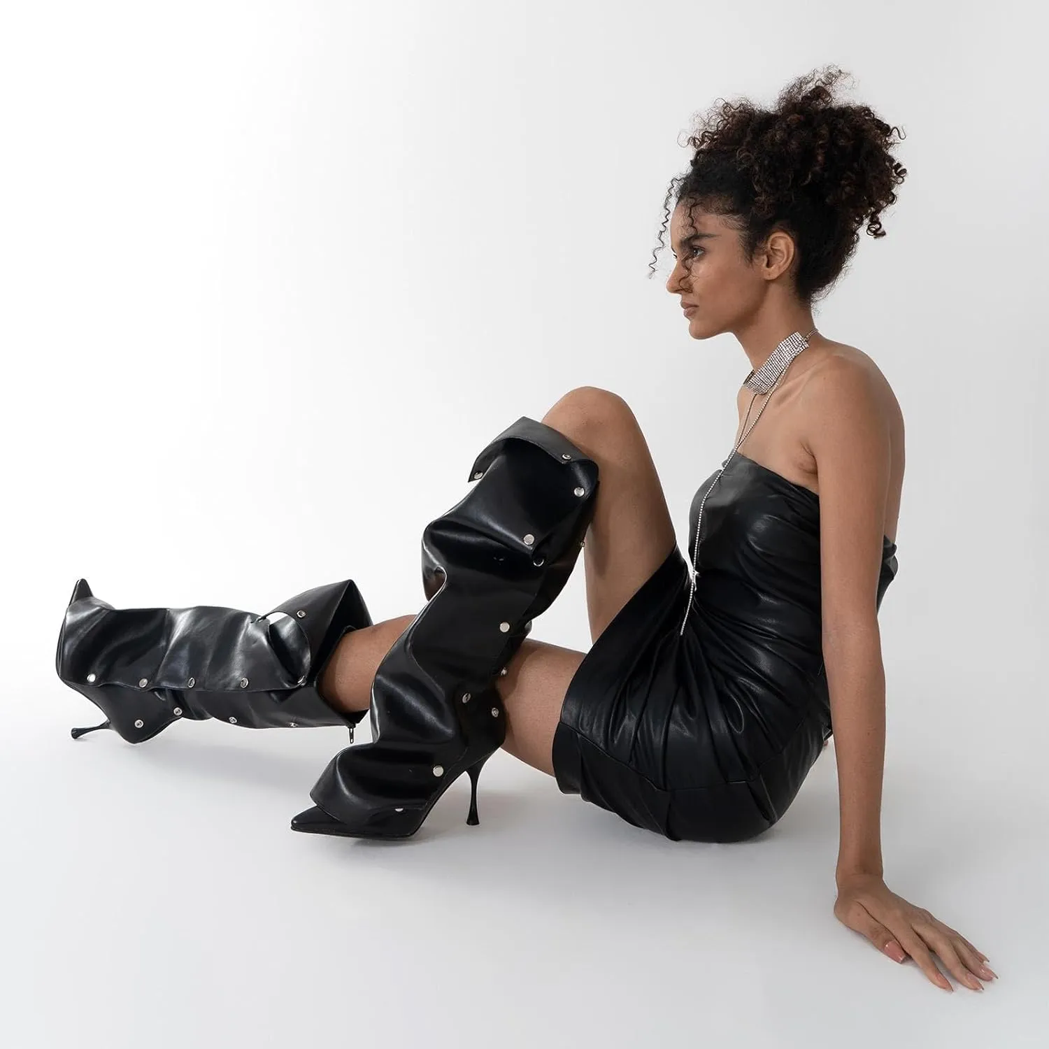 KaroNairy Women Stiletto Knee High Boots Slouch Pointed Toe High Heel Boot Detachable Snap-off Panel Shark Boots