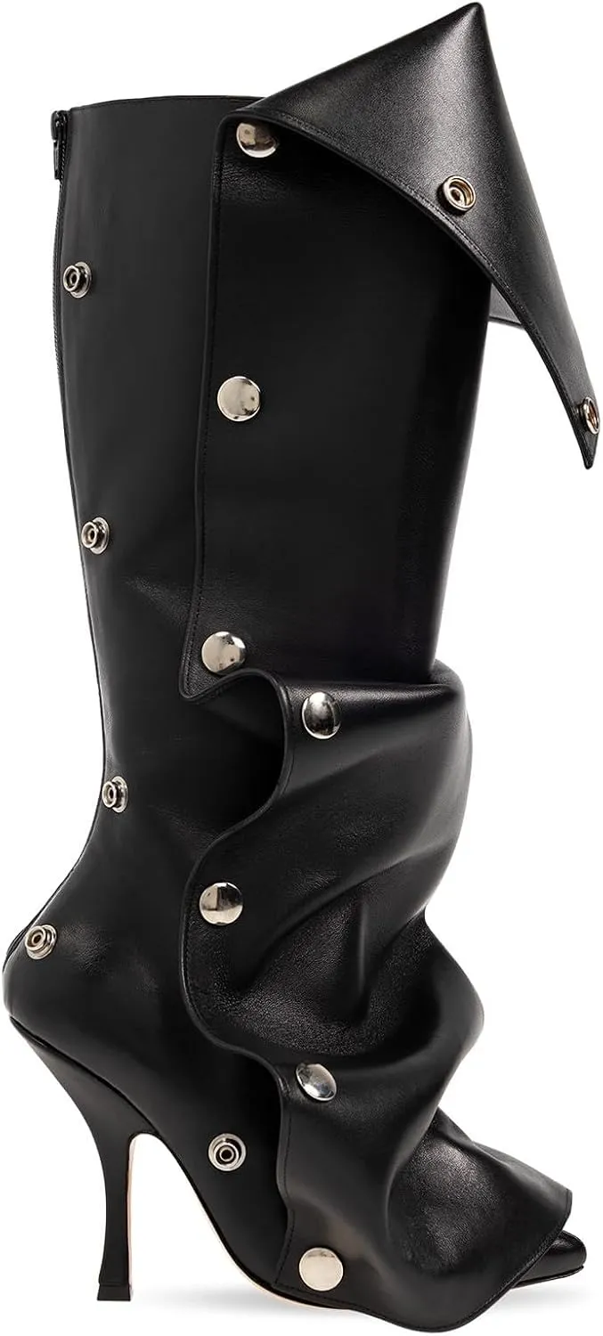KaroNairy Women Stiletto Knee High Boots Slouch Pointed Toe High Heel Boot Detachable Snap-off Panel Shark Boots