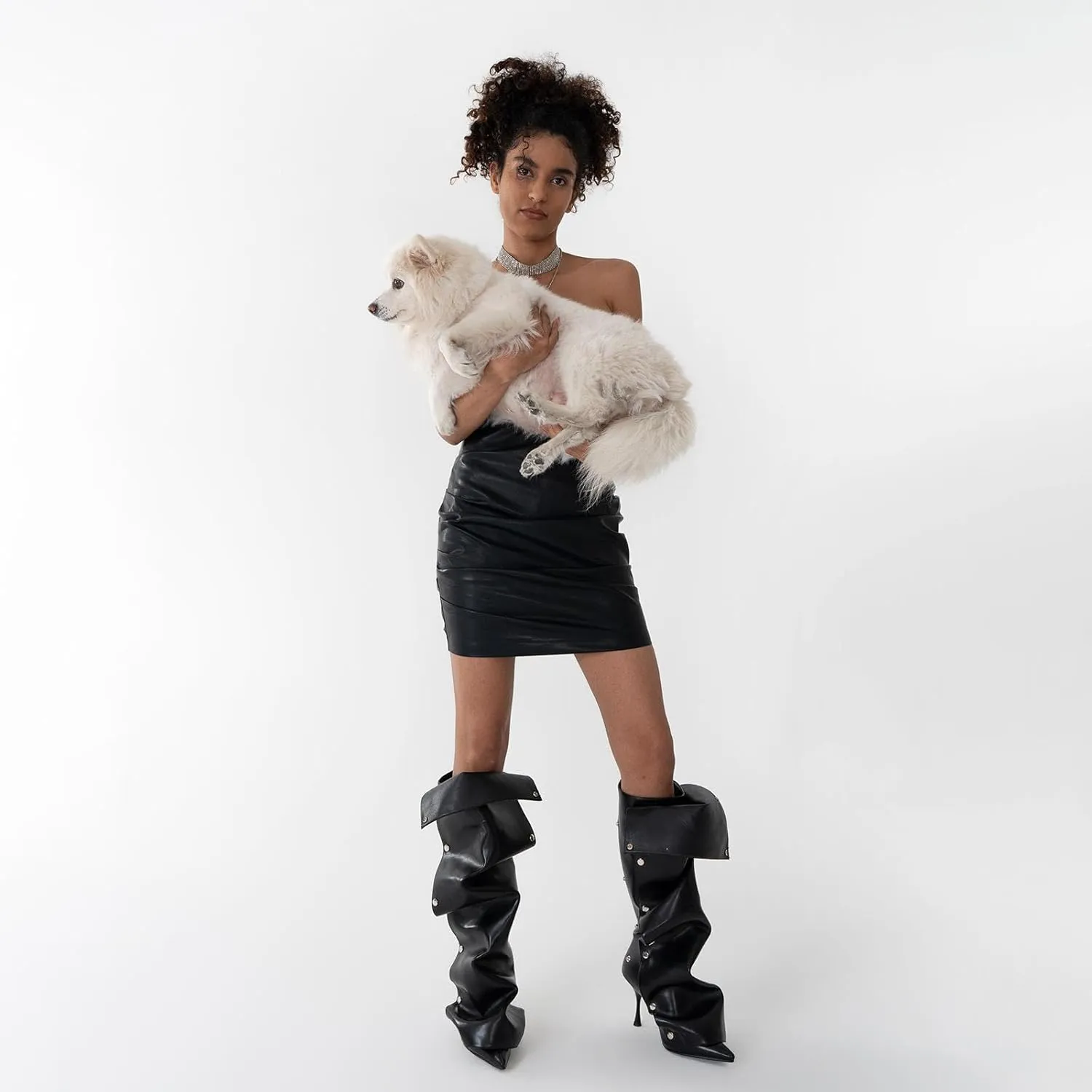 KaroNairy Women Stiletto Knee High Boots Slouch Pointed Toe High Heel Boot Detachable Snap-off Panel Shark Boots