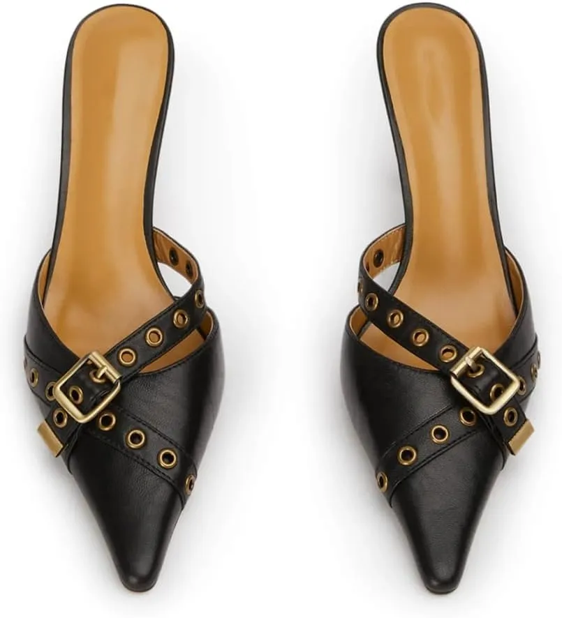 keleimusi Kitten Heel Mules for Women Pointed Toe Heels Dressy Bow Heels Sexy Pointy Studded Heels Pumps Buckle Backless Slip on Stiletto Heels Sandals Dress Party Wedding Shoes