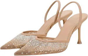 keleimusi Women's Heeled Shiny Mesh Slingbacks Pumps Crystal Studded Pointy Toe Rhinestone Kitten Heels Slip On Wedding Party Mid Heels Sandals