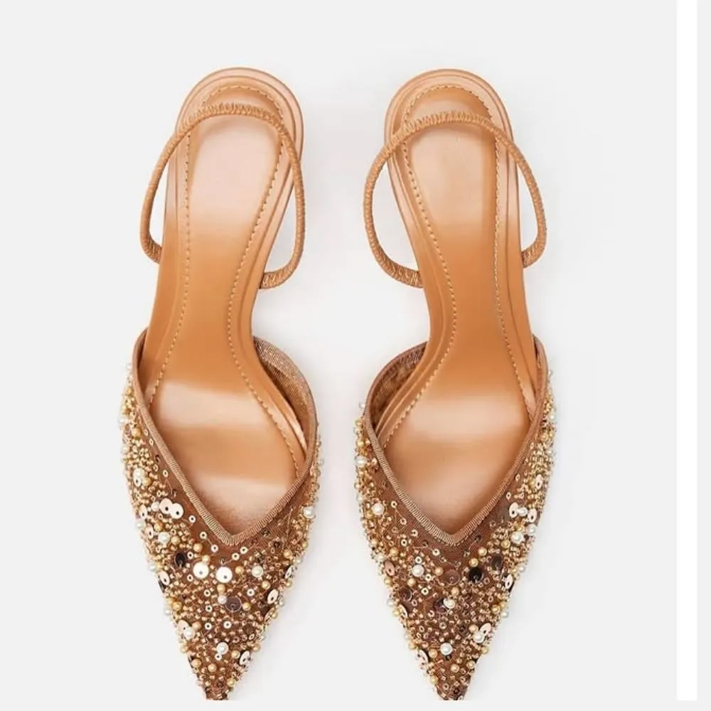 keleimusi Women's Heeled Shiny Mesh Slingbacks Pumps Crystal Studded Pointy Toe Rhinestone Kitten Heels Slip On Wedding Party Mid Heels Sandals
