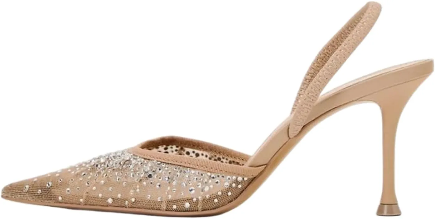 keleimusi Women's Heeled Shiny Mesh Slingbacks Pumps Crystal Studded Pointy Toe Rhinestone Kitten Heels Slip On Wedding Party Mid Heels Sandals
