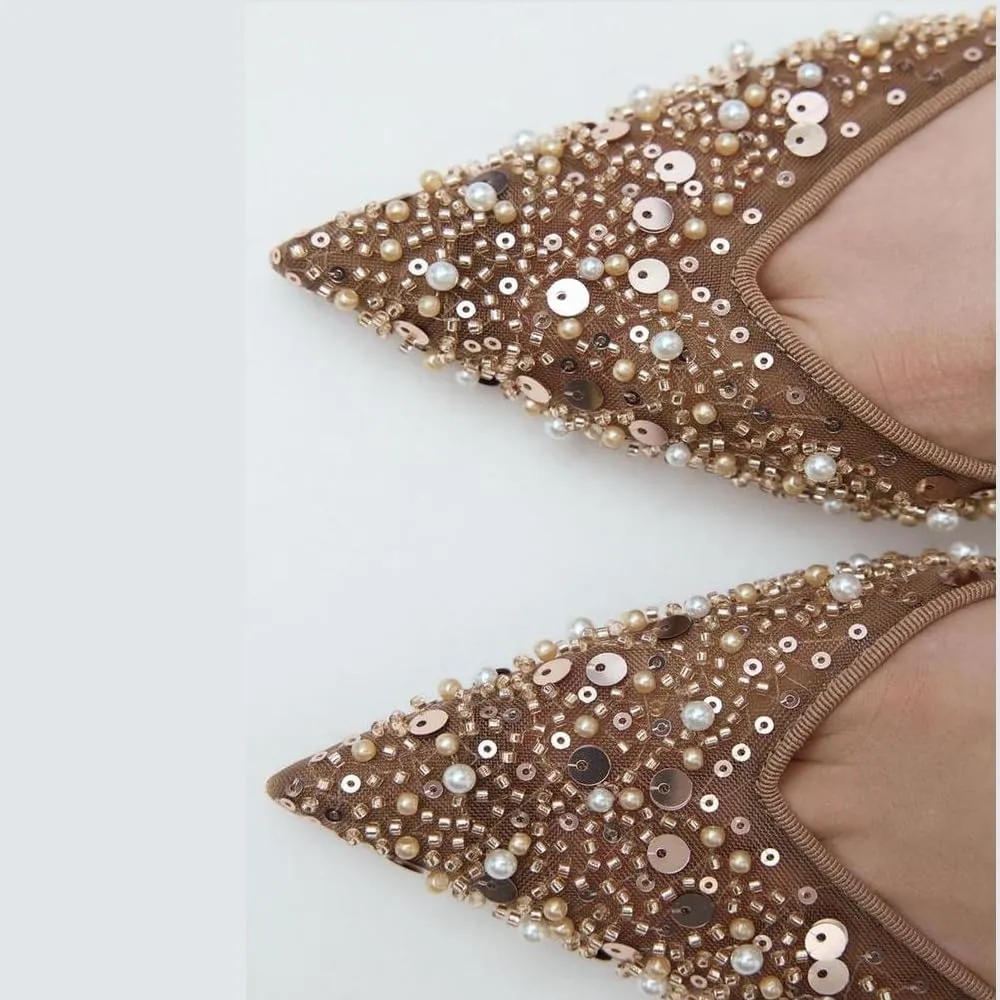keleimusi Women's Heeled Shiny Mesh Slingbacks Pumps Crystal Studded Pointy Toe Rhinestone Kitten Heels Slip On Wedding Party Mid Heels Sandals