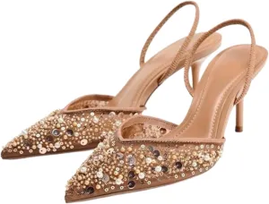 keleimusi Women's Heeled Shiny Mesh Slingbacks Pumps Crystal Studded Pointy Toe Rhinestone Kitten Heels Slip On Wedding Party Mid Heels Sandals
