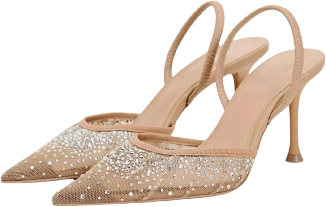 keleimusi Women's Heeled Shiny Mesh Slingbacks Pumps Crystal Studded Pointy Toe Rhinestone Kitten Heels Slip On Wedding Party Mid Heels Sandals