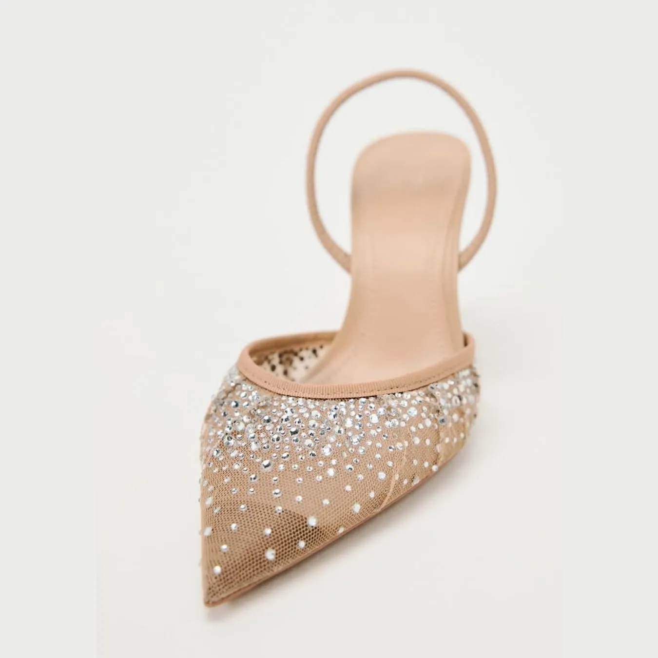 keleimusi Women's Heeled Shiny Mesh Slingbacks Pumps Crystal Studded Pointy Toe Rhinestone Kitten Heels Slip On Wedding Party Mid Heels Sandals