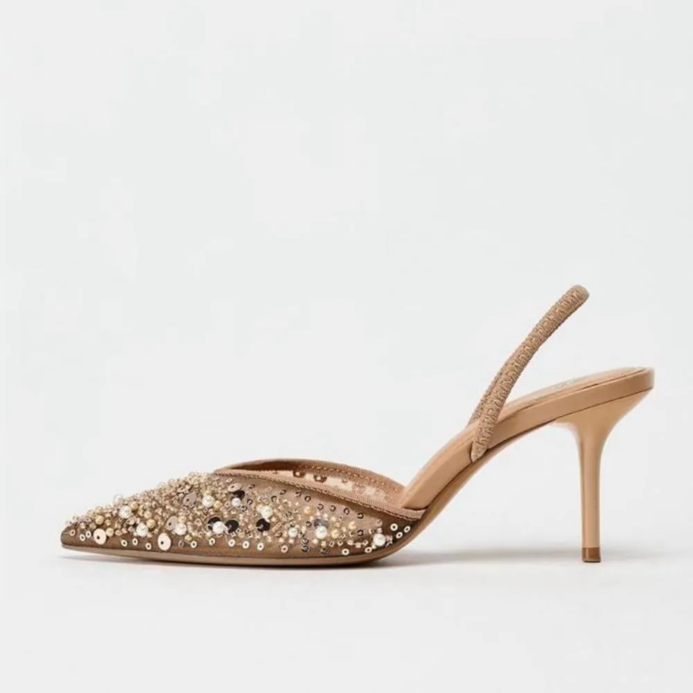 keleimusi Women's Heeled Shiny Mesh Slingbacks Pumps Crystal Studded Pointy Toe Rhinestone Kitten Heels Slip On Wedding Party Mid Heels Sandals