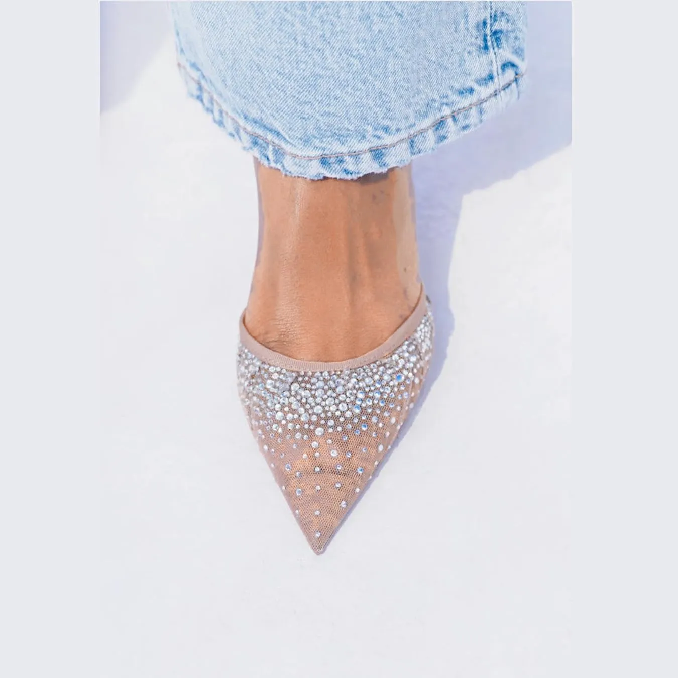 keleimusi Women's Heeled Shiny Mesh Slingbacks Pumps Crystal Studded Pointy Toe Rhinestone Kitten Heels Slip On Wedding Party Mid Heels Sandals