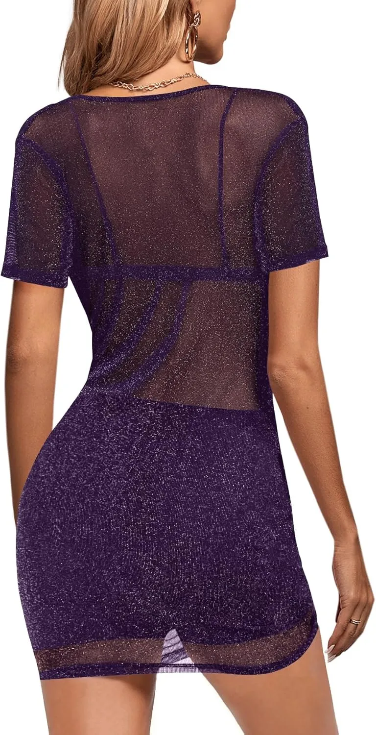 KIFOVEN Women's Sheer Mesh Glitter Dress Short Sleeve with Under Skirt 2 Pcs Outfits Without Bra