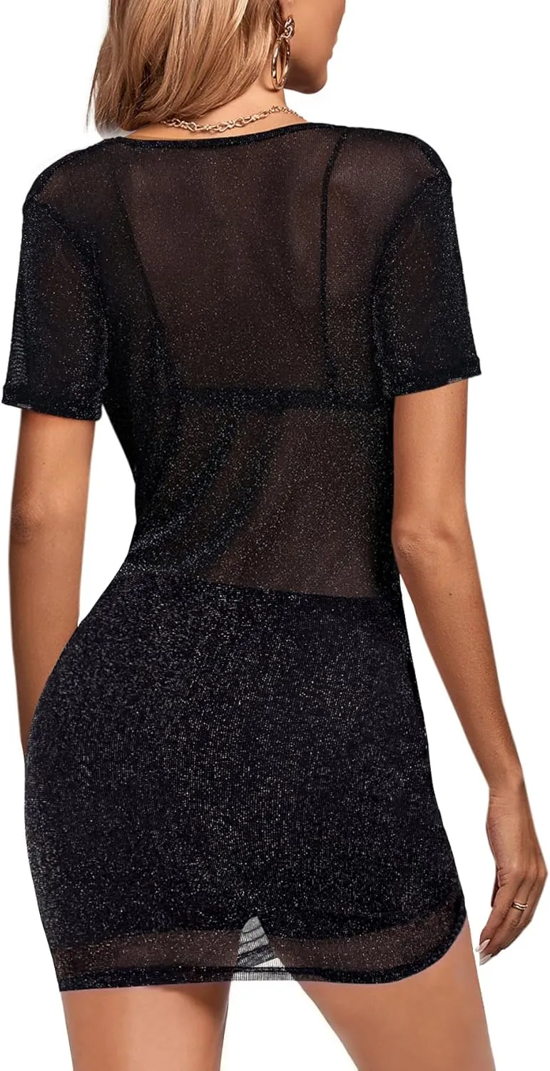 KIFOVEN Women's Sheer Mesh Glitter Dress Short Sleeve with Under Skirt 2 Pcs Outfits Without Bra