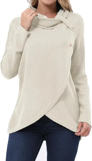 KILIG Womens 2023 Fall Cowl Neck Lightweight Sweaters Long Sleeve Button Tunic Tops Sweatshirts