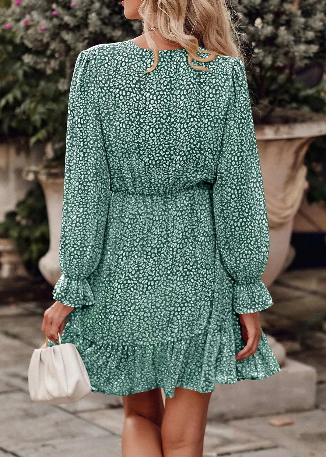 KIRUNDO Women Casual Summer Fall Dresses Long Sleeve Floral Wrap V Neck High Waist Ruffle Tiered A Line Flowy Mini Dress