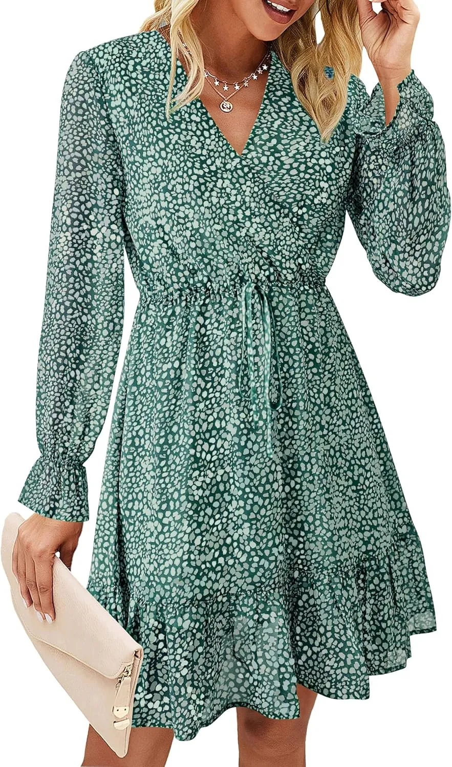 KIRUNDO Women Casual Summer Fall Dresses Long Sleeve Floral Wrap V Neck High Waist Ruffle Tiered A Line Flowy Mini Dress