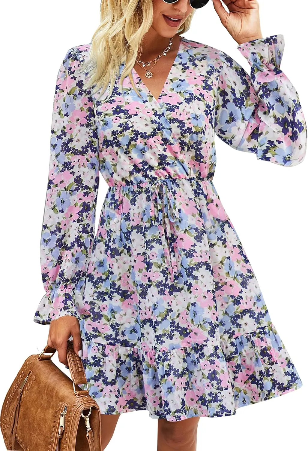KIRUNDO Women Casual Summer Fall Dresses Long Sleeve Floral Wrap V Neck High Waist Ruffle Tiered A Line Flowy Mini Dress