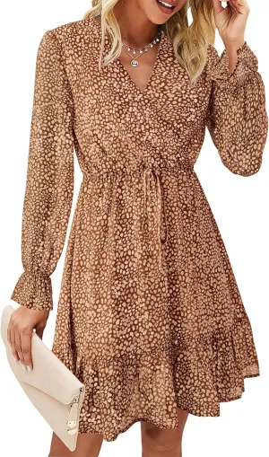 KIRUNDO Women Casual Summer Fall Dresses Long Sleeve Floral Wrap V Neck High Waist Ruffle Tiered A Line Flowy Mini Dress
