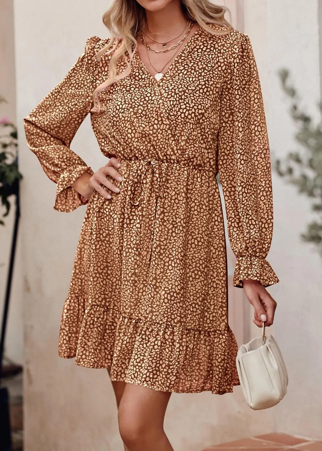 KIRUNDO Women Casual Summer Fall Dresses Long Sleeve Floral Wrap V Neck High Waist Ruffle Tiered A Line Flowy Mini Dress