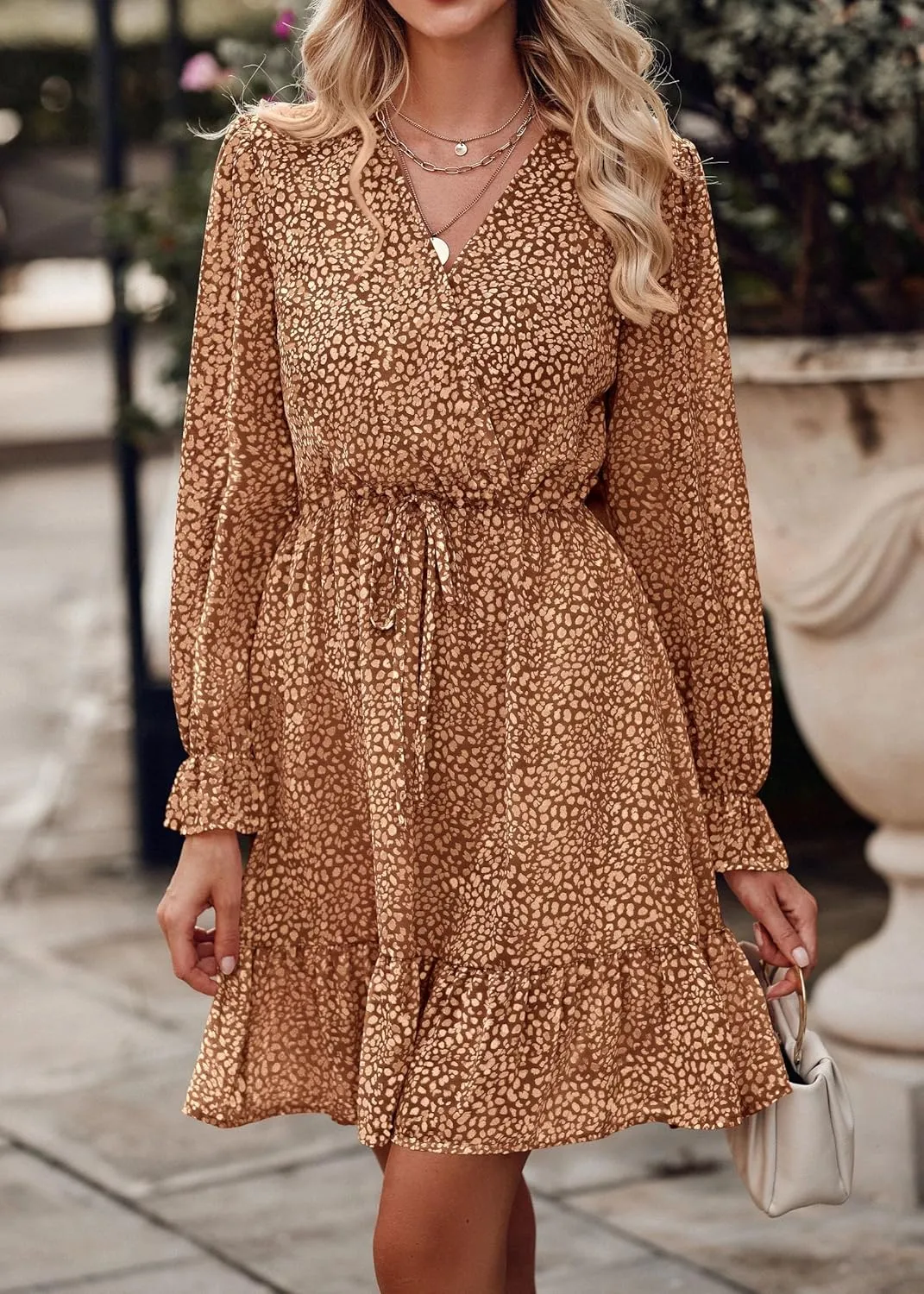 KIRUNDO Women Casual Summer Fall Dresses Long Sleeve Floral Wrap V Neck High Waist Ruffle Tiered A Line Flowy Mini Dress