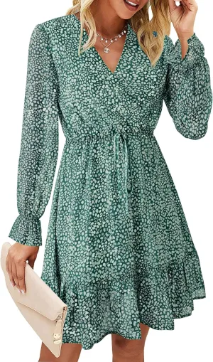 KIRUNDO Women Casual Summer Fall Dresses Long Sleeve Floral Wrap V Neck High Waist Ruffle Tiered A Line Flowy Mini Dress