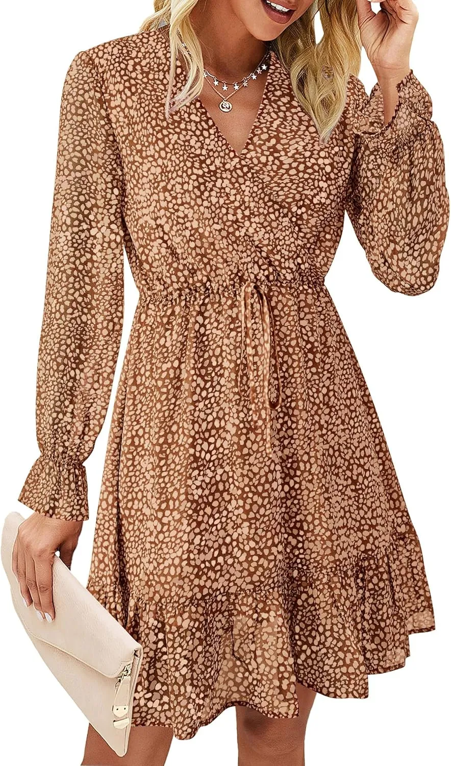 KIRUNDO Women Casual Summer Fall Dresses Long Sleeve Floral Wrap V Neck High Waist Ruffle Tiered A Line Flowy Mini Dress