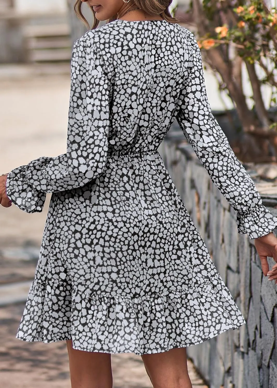 KIRUNDO Women Casual Summer Fall Dresses Long Sleeve Floral Wrap V Neck High Waist Ruffle Tiered A Line Flowy Mini Dress