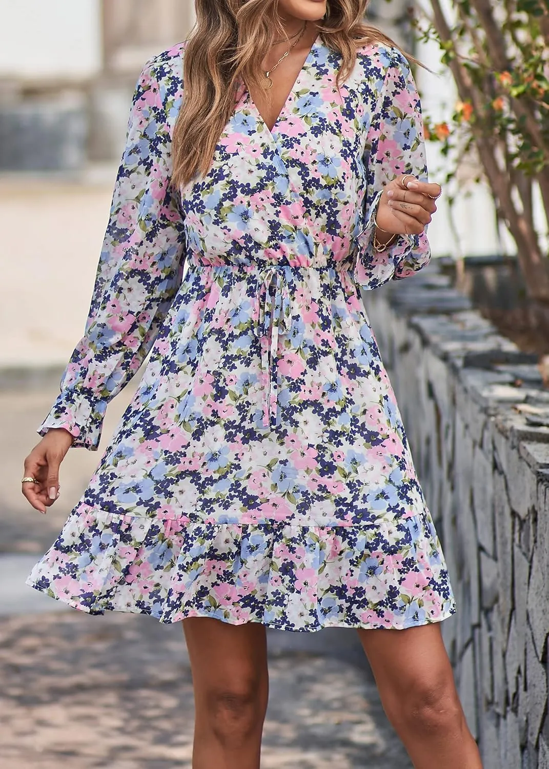 KIRUNDO Women Casual Summer Fall Dresses Long Sleeve Floral Wrap V Neck High Waist Ruffle Tiered A Line Flowy Mini Dress