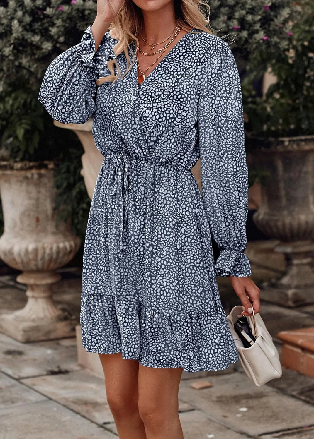 KIRUNDO Women Casual Summer Fall Dresses Long Sleeve Floral Wrap V Neck High Waist Ruffle Tiered A Line Flowy Mini Dress