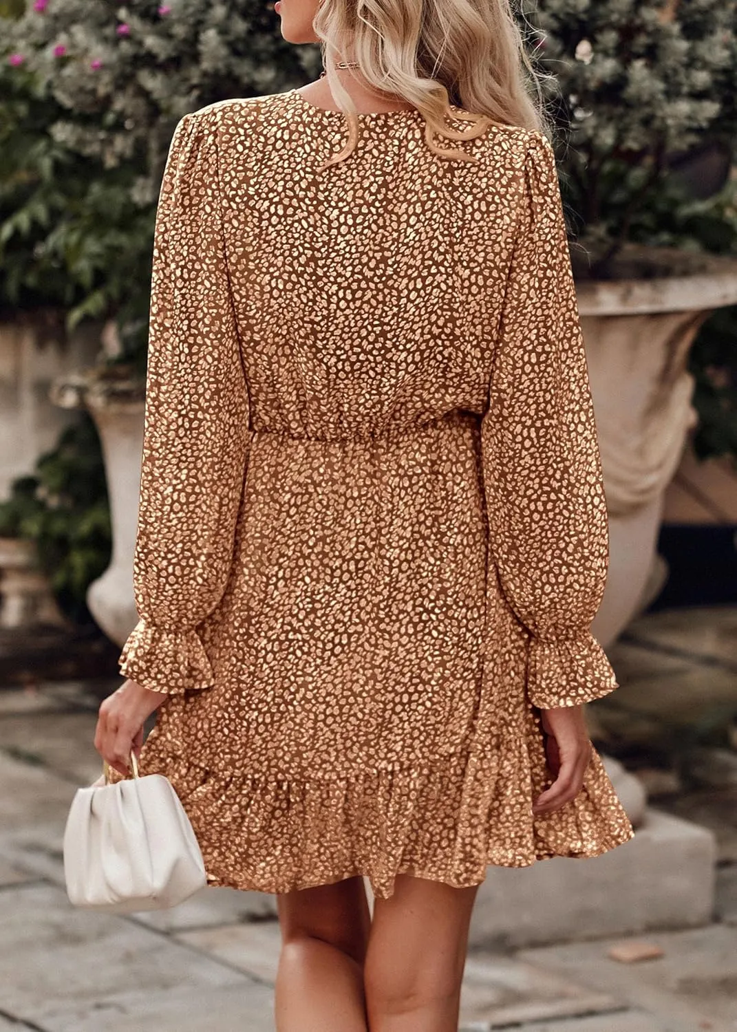 KIRUNDO Women Casual Summer Fall Dresses Long Sleeve Floral Wrap V Neck High Waist Ruffle Tiered A Line Flowy Mini Dress