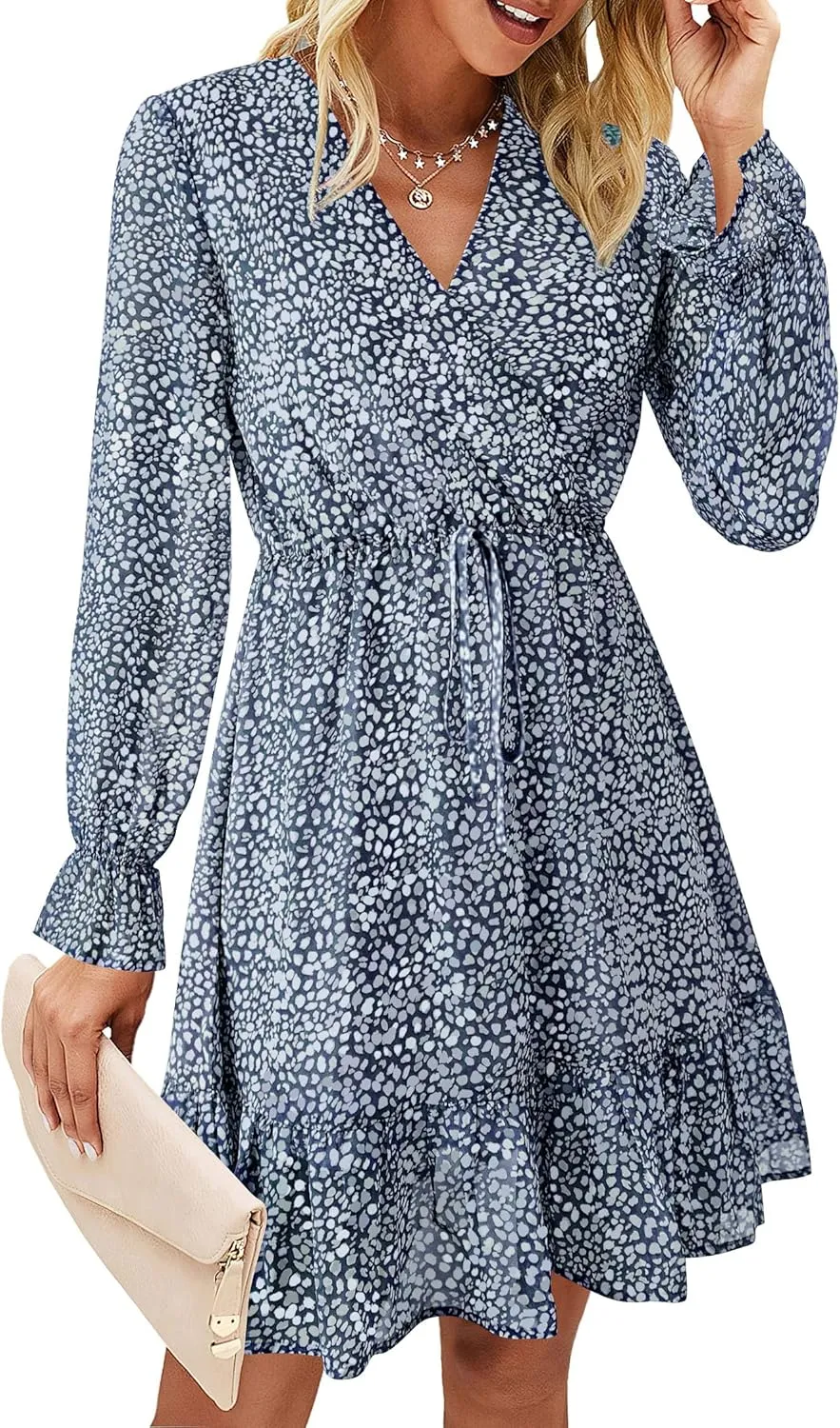 KIRUNDO Women Casual Summer Fall Dresses Long Sleeve Floral Wrap V Neck High Waist Ruffle Tiered A Line Flowy Mini Dress