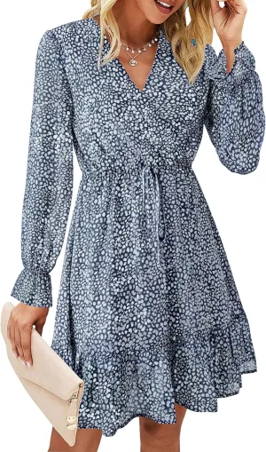 KIRUNDO Women Casual Summer Fall Dresses Long Sleeve Floral Wrap V Neck High Waist Ruffle Tiered A Line Flowy Mini Dress