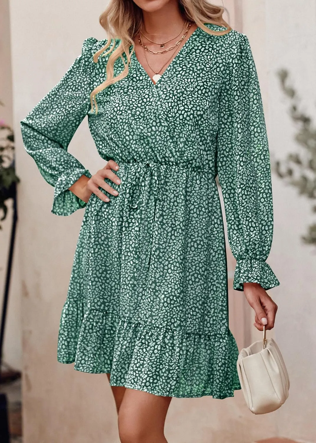 KIRUNDO Women Casual Summer Fall Dresses Long Sleeve Floral Wrap V Neck High Waist Ruffle Tiered A Line Flowy Mini Dress