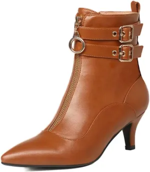 KISSASA Womens Buckle Strap Kitten Heel Booties Pointed Toe Zipper Ankle Boots