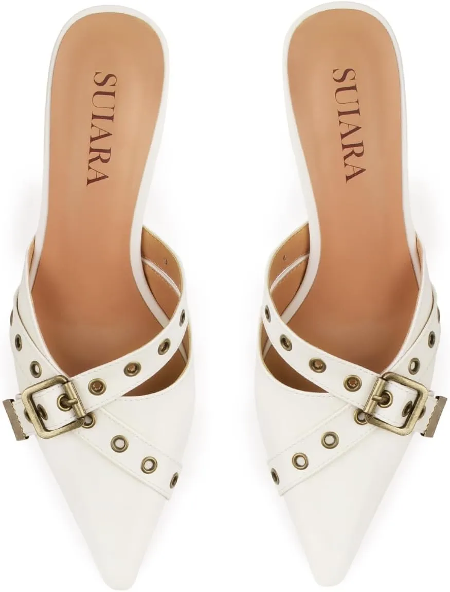 Kitten Heels for Women Closed Toe Heels Vintage Heeled Mules Sexy Pointy Studded Slip on Stiletto Dressy Pumps
