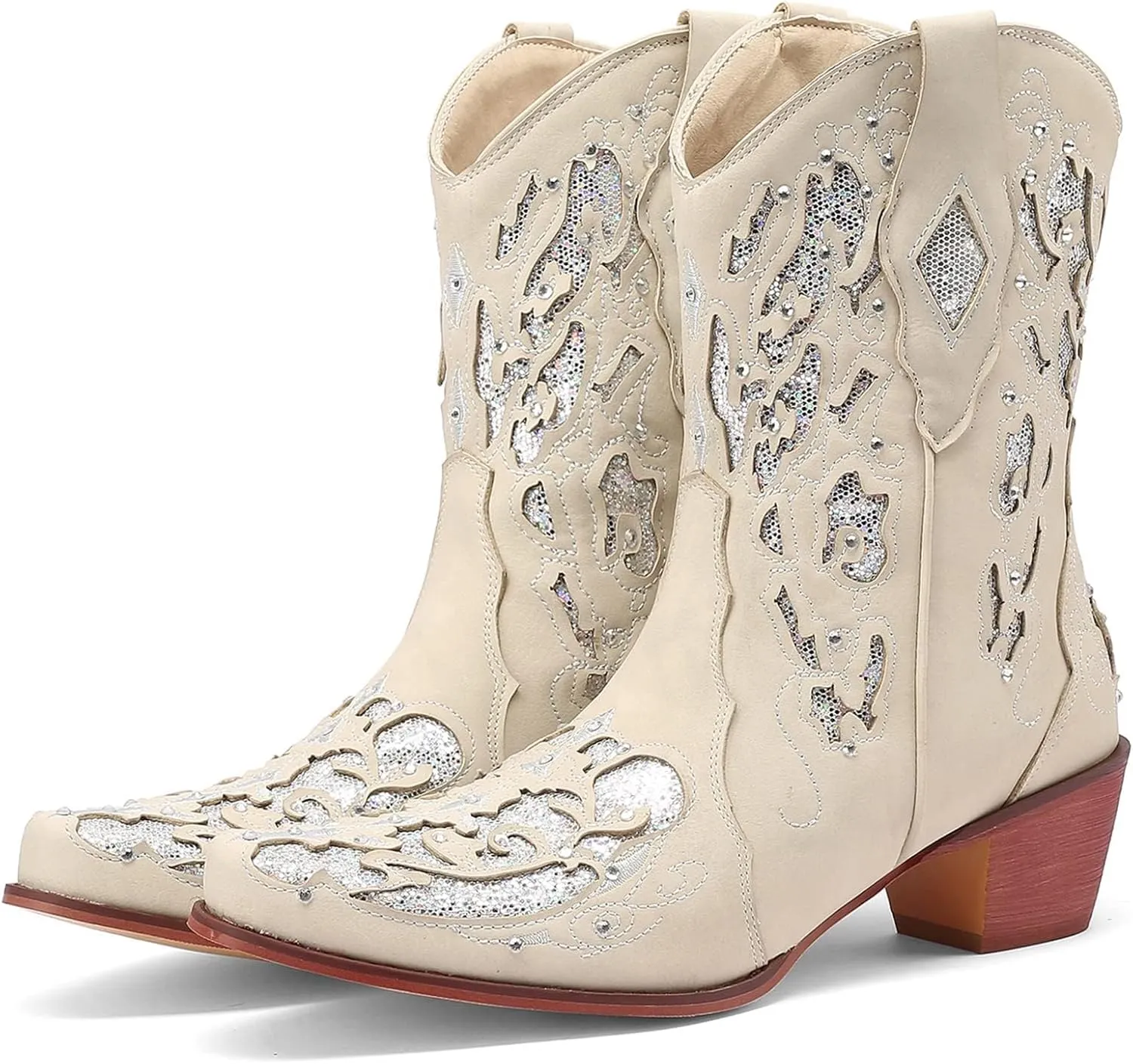 KiutSymo Glitter Rhinestone Cowboy Boots For Women Vintage Embroidered Cowgirl Boots Mid Calf Chunky Heel Sparkly Wedding Western Boots
