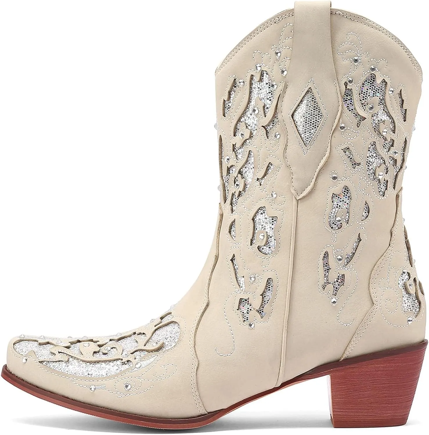 KiutSymo Glitter Rhinestone Cowboy Boots For Women Vintage Embroidered Cowgirl Boots Mid Calf Chunky Heel Sparkly Wedding Western Boots