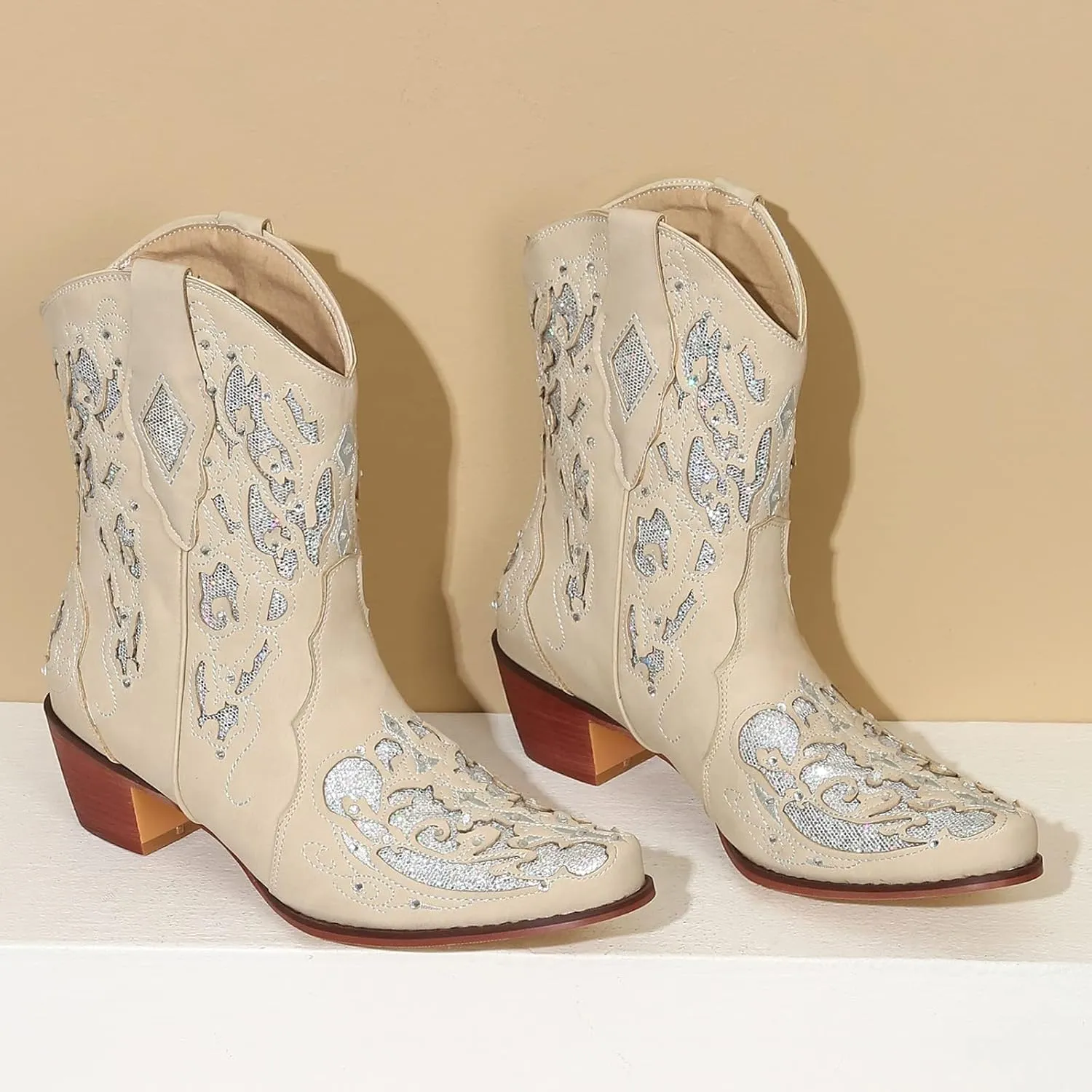 KiutSymo Glitter Rhinestone Cowboy Boots For Women Vintage Embroidered Cowgirl Boots Mid Calf Chunky Heel Sparkly Wedding Western Boots