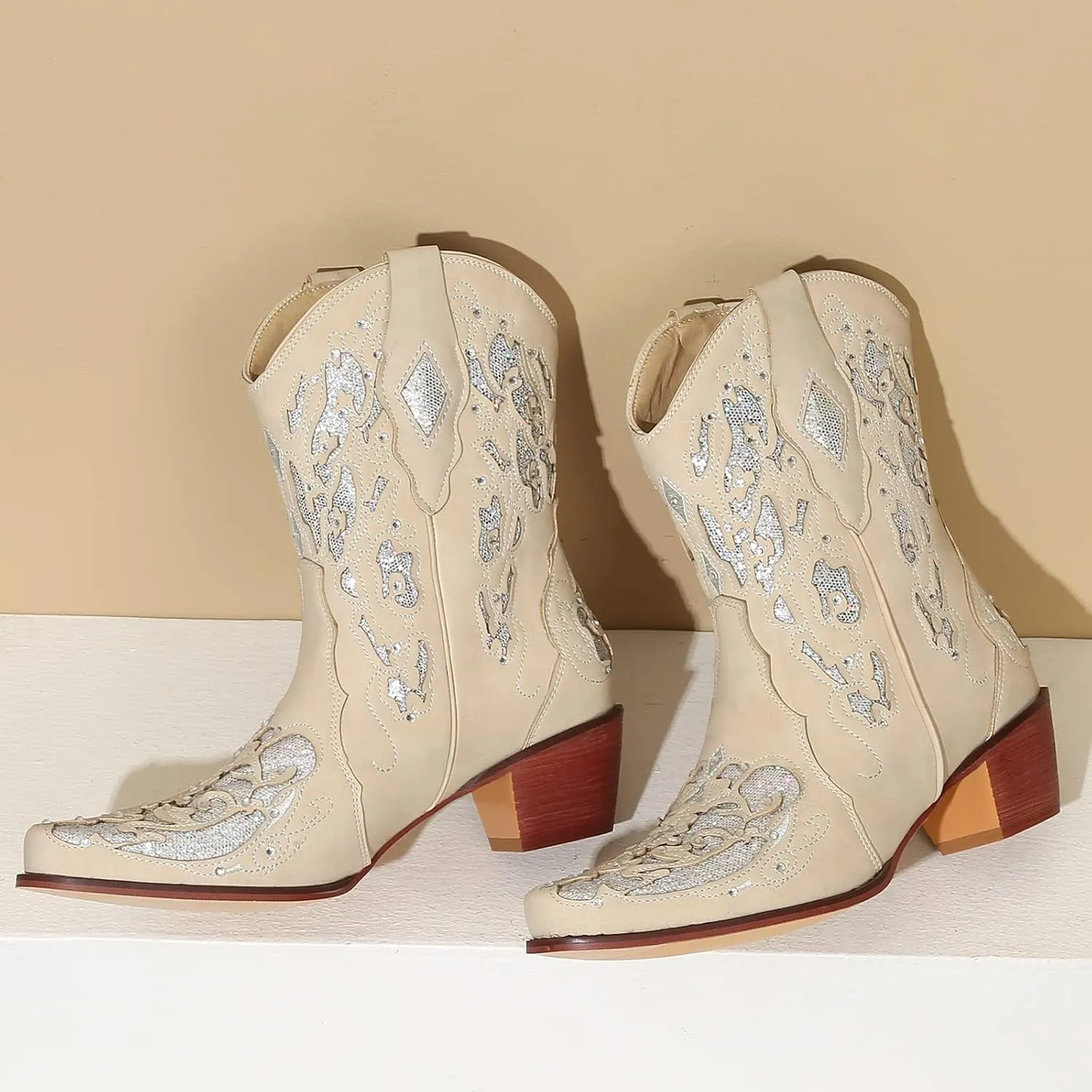 KiutSymo Glitter Rhinestone Cowboy Boots For Women Vintage Embroidered Cowgirl Boots Mid Calf Chunky Heel Sparkly Wedding Western Boots