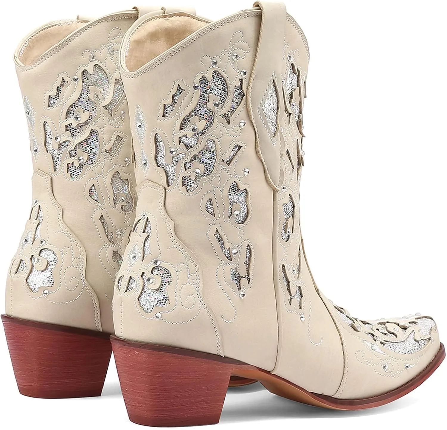 KiutSymo Glitter Rhinestone Cowboy Boots For Women Vintage Embroidered Cowgirl Boots Mid Calf Chunky Heel Sparkly Wedding Western Boots
